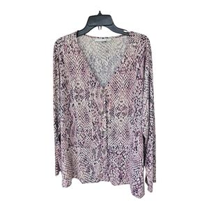 Susan Graver Women Printed Liquid Knit Button Front Peplum Top Plum 3X Plus Size